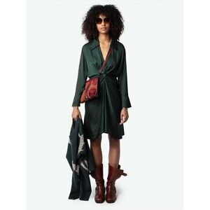 ZADIG & VOLTAIRE Rozo Satin Dress Draped Waist Deep Neckline 3/4 Sleeves Size XS
